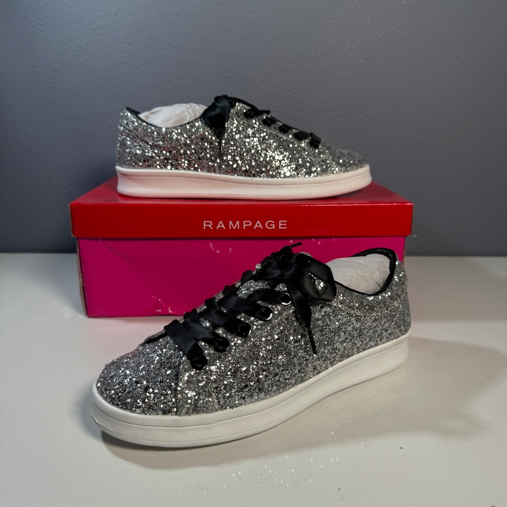 Rampage Holly Sneakers Women 6 Silver New Glitter Satin Ribbon Lace RP2143